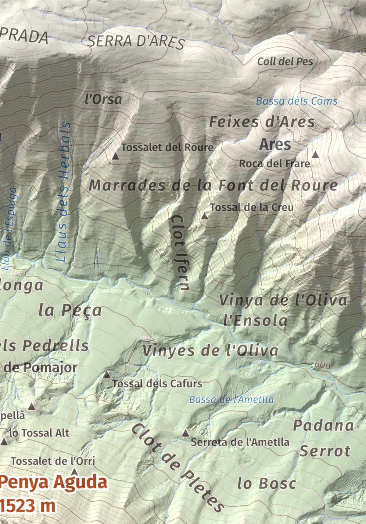 Mapa de relieve de Penya Aguda, 1523 m, Alt Urgell, lámina 100 Cims de Trobart. Detalle de la zona superior derecha. 21 × 30 cm.