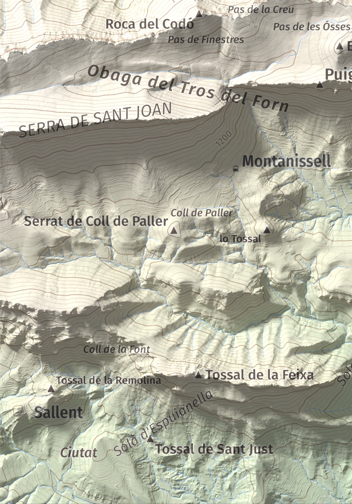 Mapa de relieve de Penya Aguda, 1523 m, Alt Urgell, lámina 100 Cims de Trobart. Detalle de la zona inferior izquierda. 21 × 30 cm.