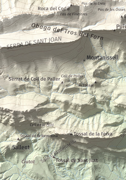 Mapa de relieve de Penya Aguda, 1523 m, Alt Urgell, lámina 100 Cims de Trobart. Detalle de la zona inferior izquierda. 21 × 30 cm.
