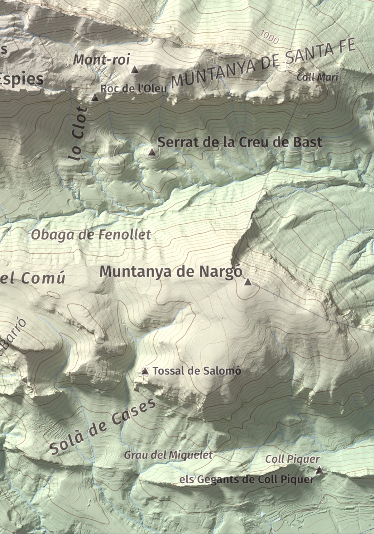 Mapa de relieve de Penya Aguda, 1523 m, Alt Urgell, lámina 100 Cims de Trobart. Detalle de la zona inferior derecha. 21 × 30 cm.
