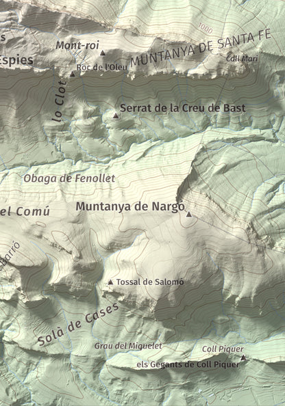 Mapa de relieve de Penya Aguda, 1523 m, Alt Urgell, lámina 100 Cims de Trobart. Detalle de la zona inferior derecha. 21 × 30 cm.