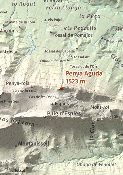 Mapa de relieve de Penya Aguda, 1523 m, Alt Urgell, lámina 100 Cims de Trobart. Detalle de la zona central. 21 × 30 cm.