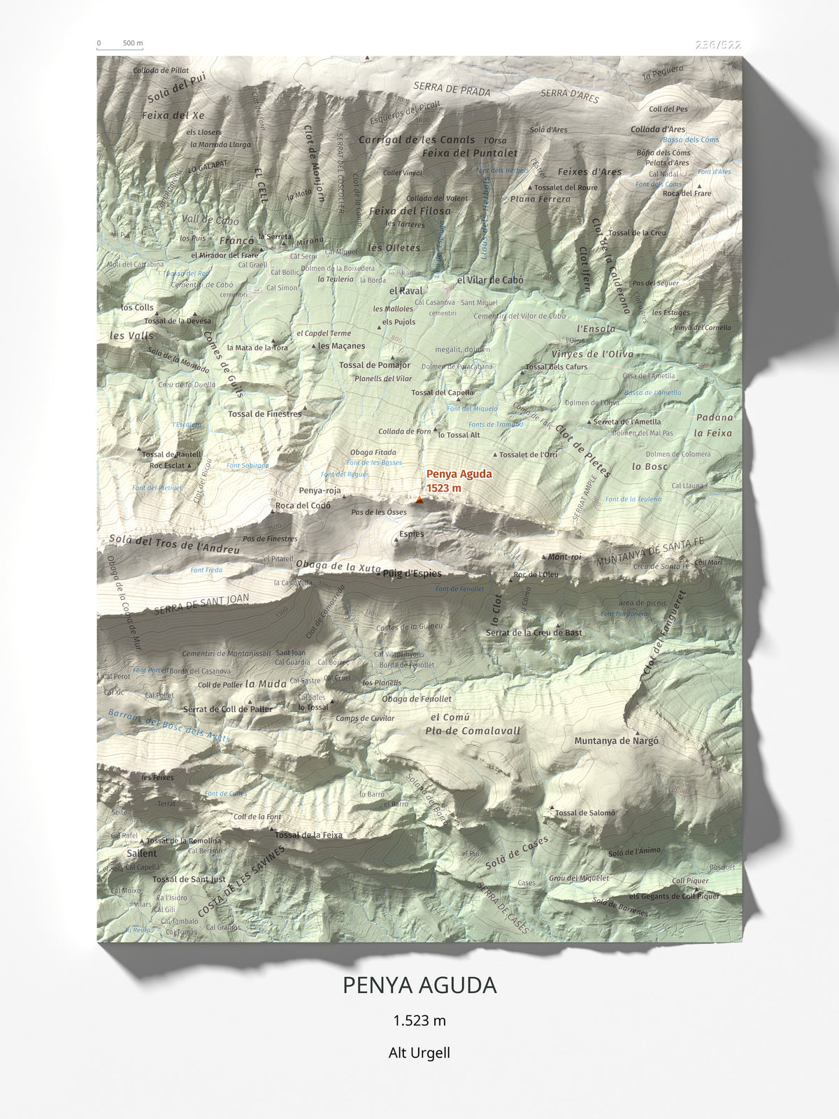 Mapa de relieve de Penya Aguda, 1523 m, Alt Urgell, lámina 100 Cims de Trobart 30 × 40 cm.