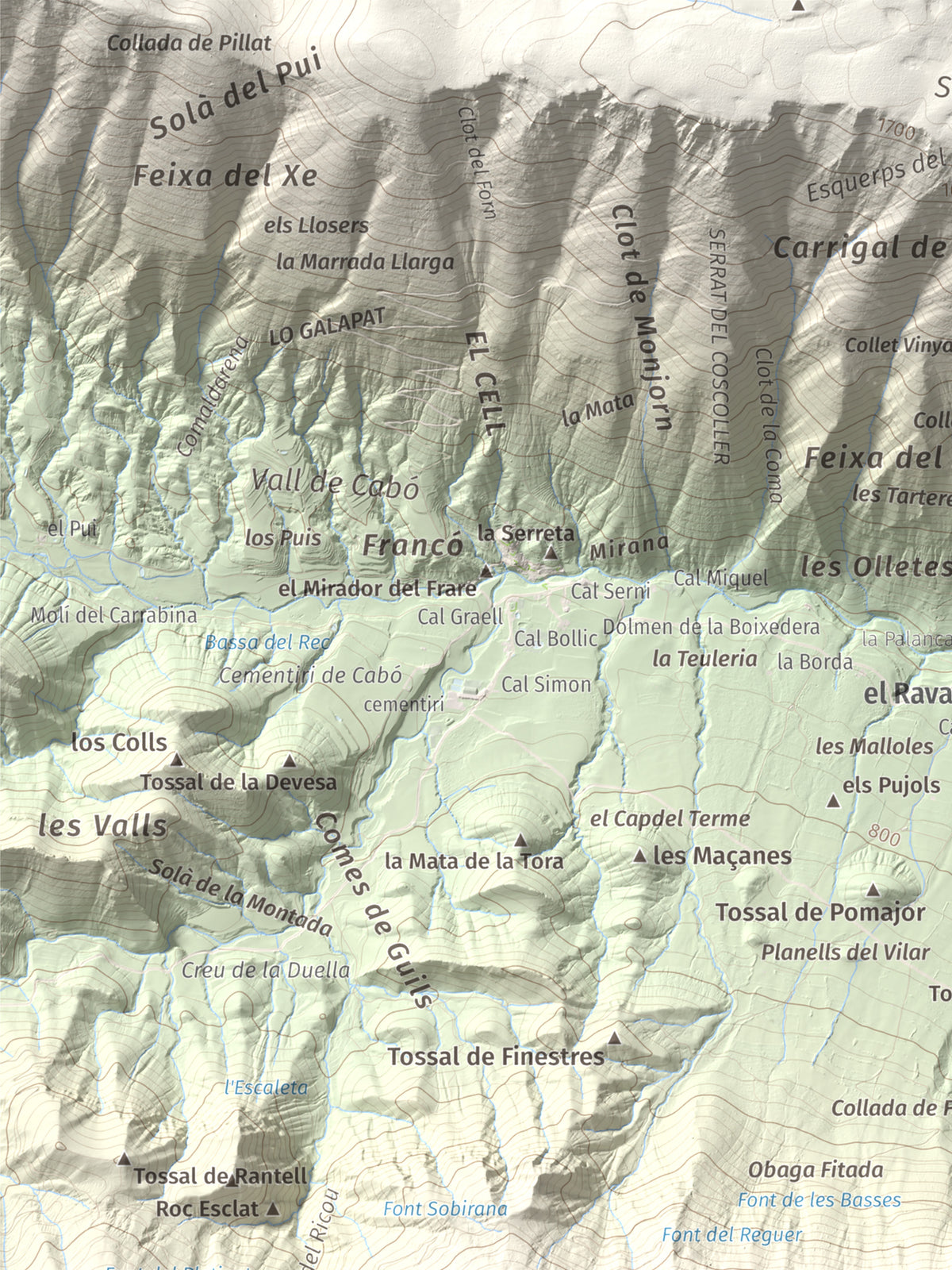 Mapa de relieve de Penya Aguda, 1523 m, Alt Urgell, lámina 100 Cims de Trobart. Detalle de la zona superior izquierda. 30 × 40 cm.