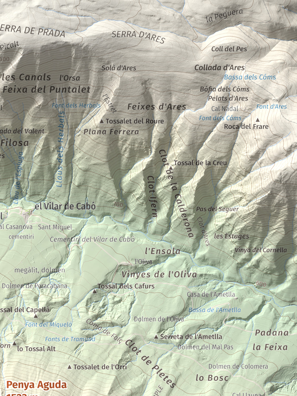 Mapa de relieve de Penya Aguda, 1523 m, Alt Urgell, lámina 100 Cims de Trobart. Detalle de la zona superior derecha. 30 × 40 cm.
