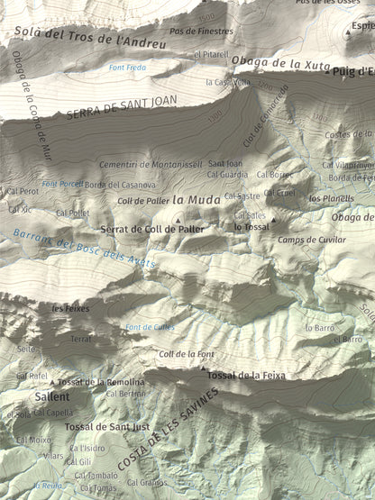 Mapa de relieve de Penya Aguda, 1523 m, Alt Urgell, lámina 100 Cims de Trobart. Detalle de la zona inferior izquierda. 30 × 40 cm.