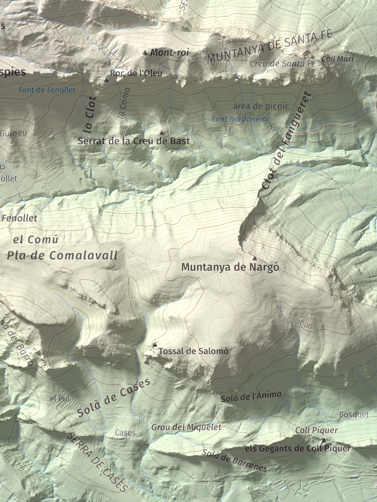 Mapa de relieve de Penya Aguda, 1523 m, Alt Urgell, lámina 100 Cims de Trobart. Detalle de la zona inferior derecha. 30 × 40 cm.