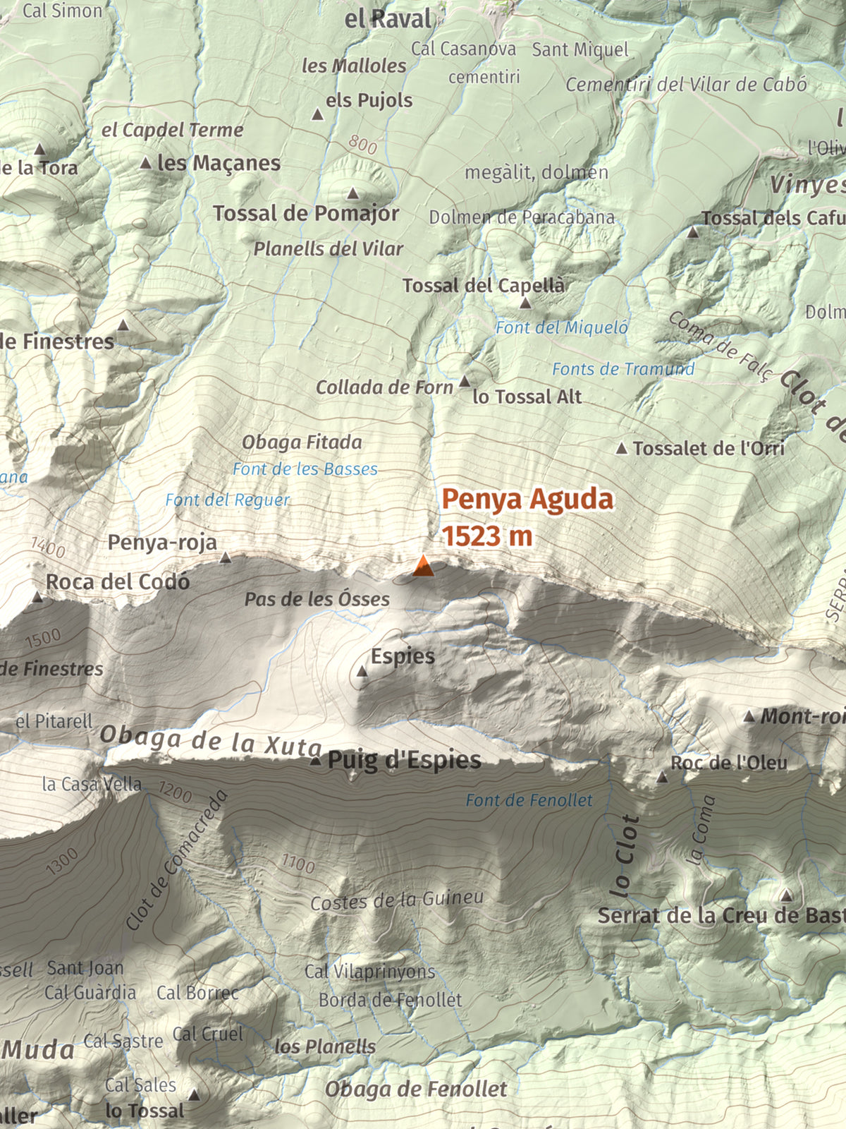 Mapa de relieve de Penya Aguda, 1523 m, Alt Urgell, lámina 100 Cims de Trobart. Detalle de la zona central. 30 × 40 cm.