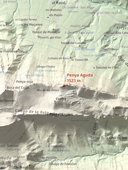 Mapa de relieve de Penya Aguda, 1523 m, Alt Urgell, lámina 100 Cims de Trobart. Detalle de la zona central. 30 × 40 cm.