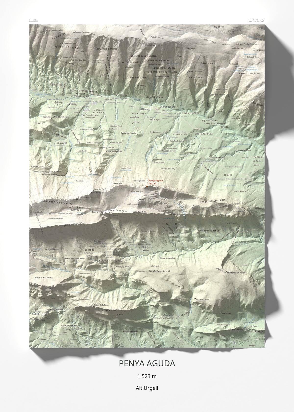 Mapa de relieve de Penya Aguda, 1523 m, Alt Urgell, lámina 100 Cims de Trobart 50 × 70 cm.