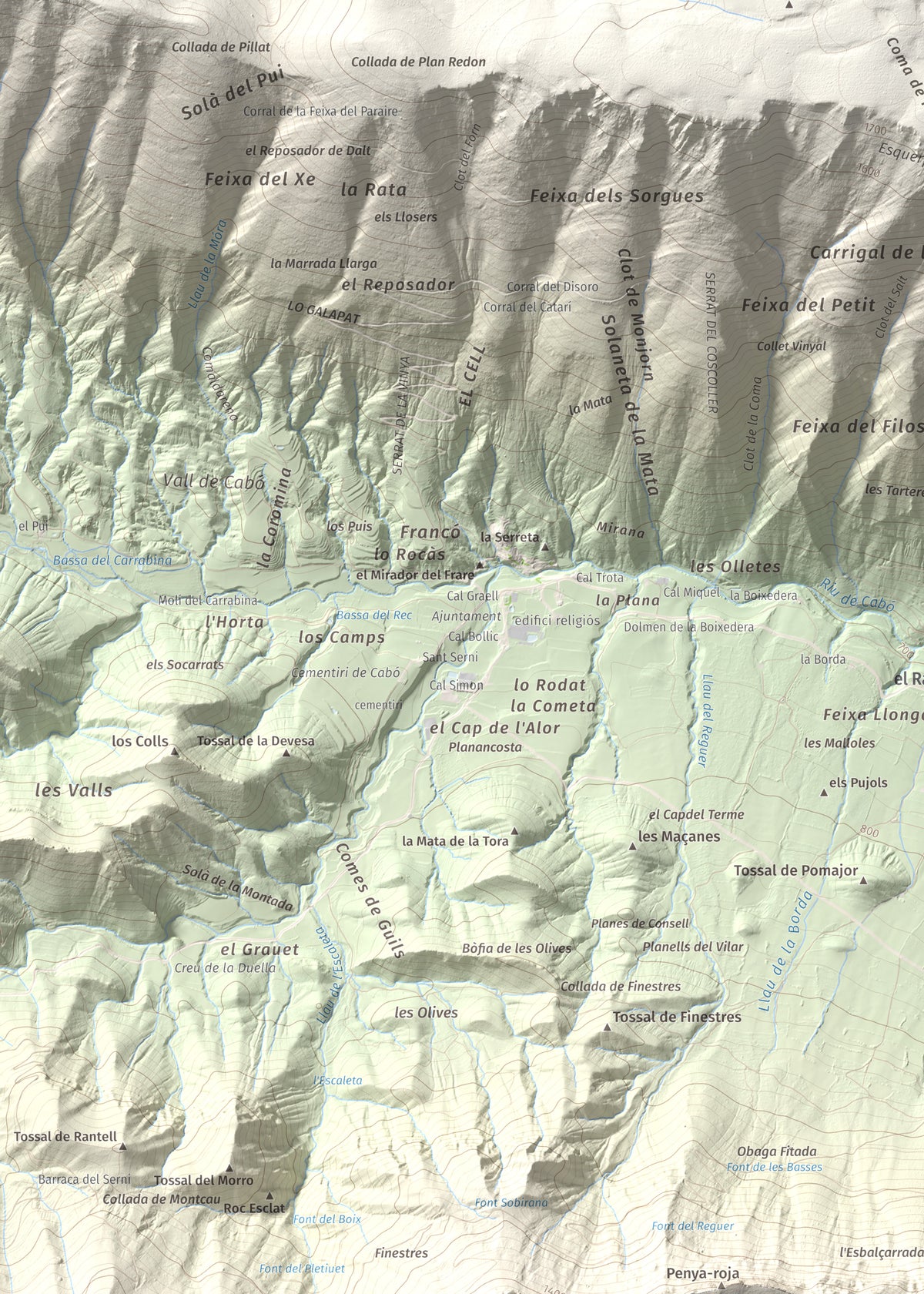 Mapa de relieve de Penya Aguda, 1523 m, Alt Urgell, lámina 100 Cims de Trobart. Detalle de la zona superior izquierda. 50 × 70 cm.