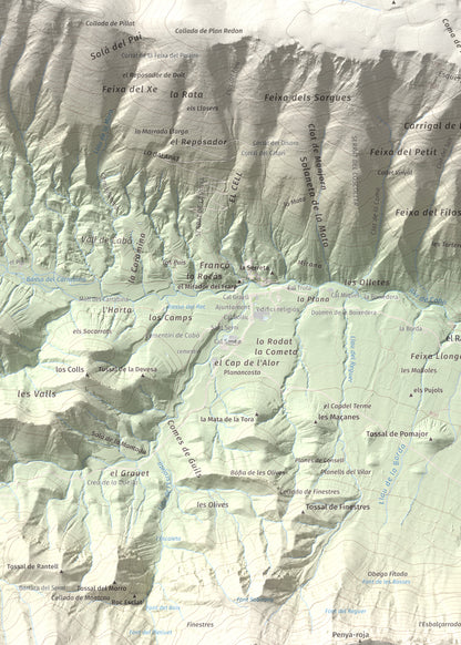 Mapa de relieve de Penya Aguda, 1523 m, Alt Urgell, lámina 100 Cims de Trobart. Detalle de la zona superior izquierda. 50 × 70 cm.