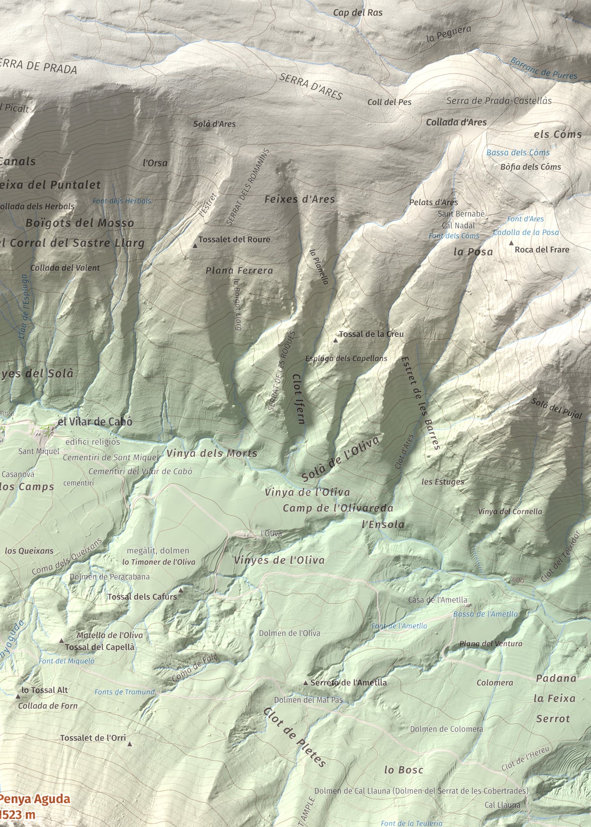 Mapa de relieve de Penya Aguda, 1523 m, Alt Urgell, lámina 100 Cims de Trobart. Detalle de la zona superior derecha. 50 × 70 cm.