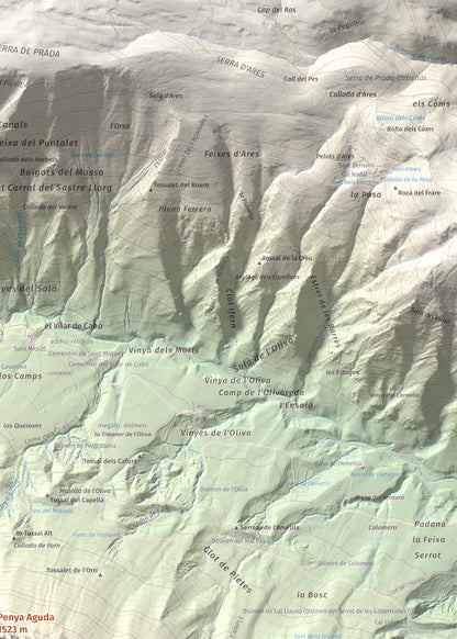 Mapa de relieve de Penya Aguda, 1523 m, Alt Urgell, lámina 100 Cims de Trobart. Detalle de la zona superior derecha. 50 × 70 cm.