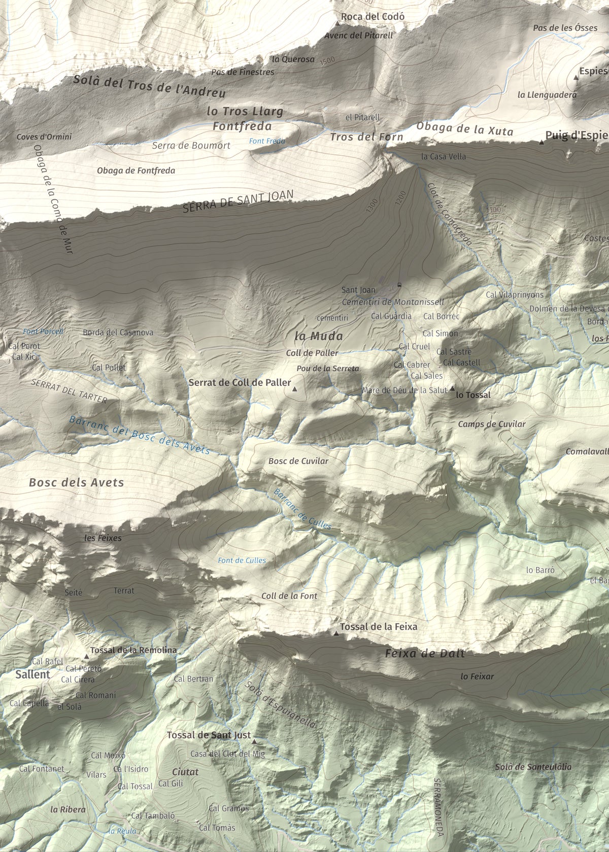 Mapa de relieve de Penya Aguda, 1523 m, Alt Urgell, lámina 100 Cims de Trobart. Detalle de la zona inferior izquierda. 50 × 70 cm.