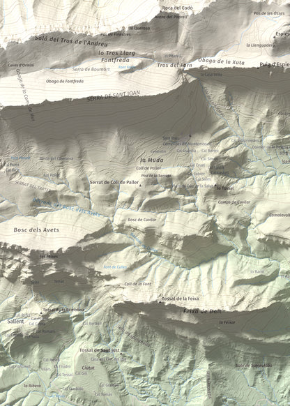 Mapa de relieve de Penya Aguda, 1523 m, Alt Urgell, lámina 100 Cims de Trobart. Detalle de la zona inferior izquierda. 50 × 70 cm.