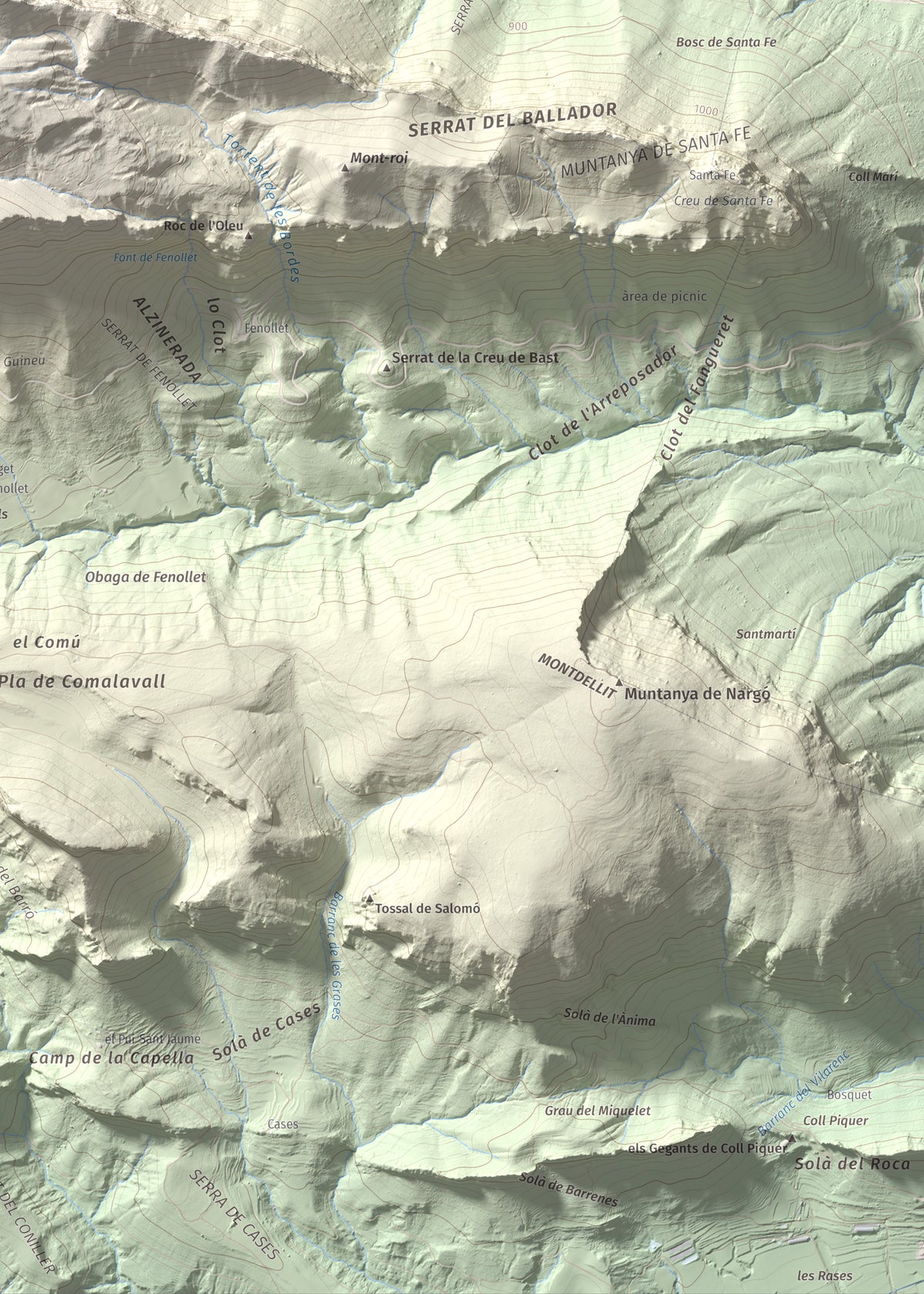 Mapa de relieve de Penya Aguda, 1523 m, Alt Urgell, lámina 100 Cims de Trobart. Detalle de la zona inferior derecha. 50 × 70 cm.