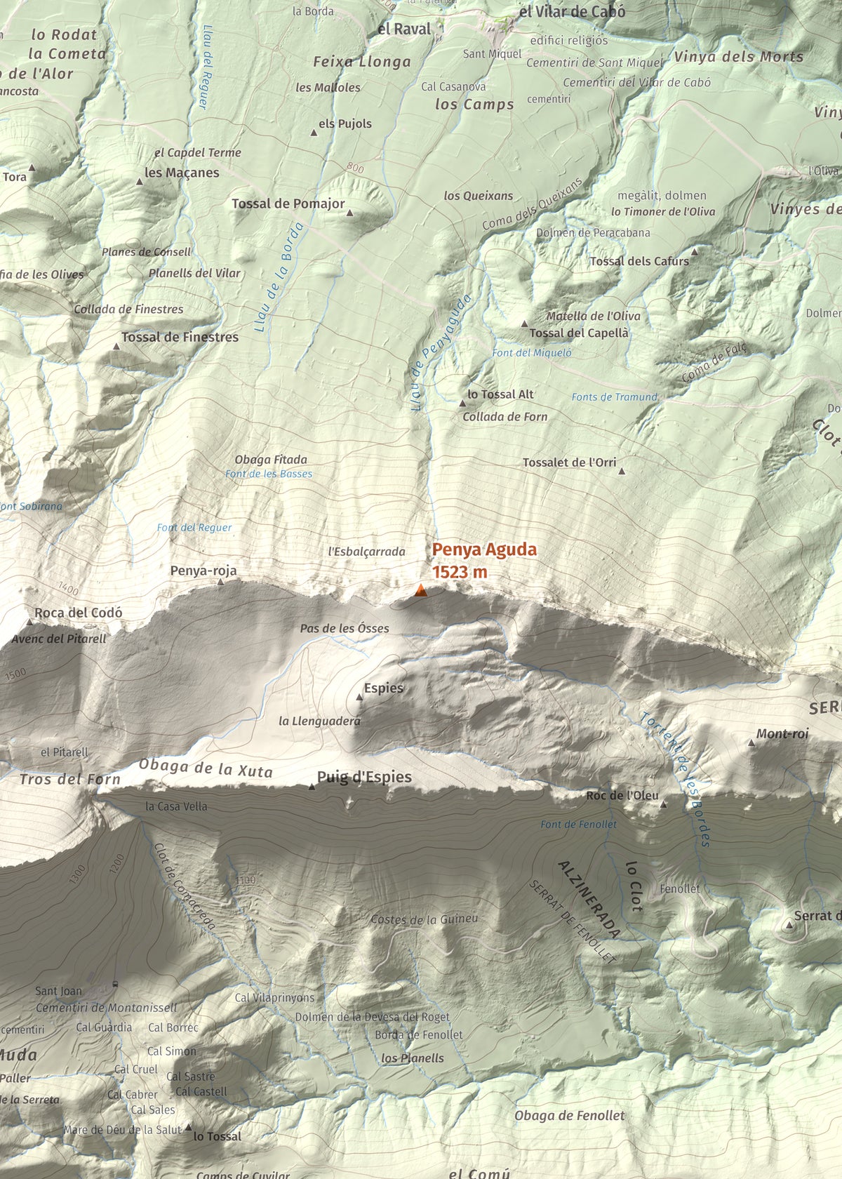 Mapa de relieve de Penya Aguda, 1523 m, Alt Urgell, lámina 100 Cims de Trobart. Detalle de la zona central. 50 × 70 cm.