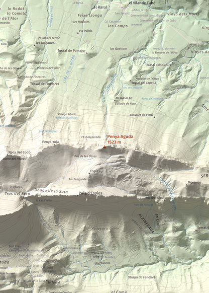 Mapa de relieve de Penya Aguda, 1523 m, Alt Urgell, lámina 100 Cims de Trobart. Detalle de la zona central. 50 × 70 cm.