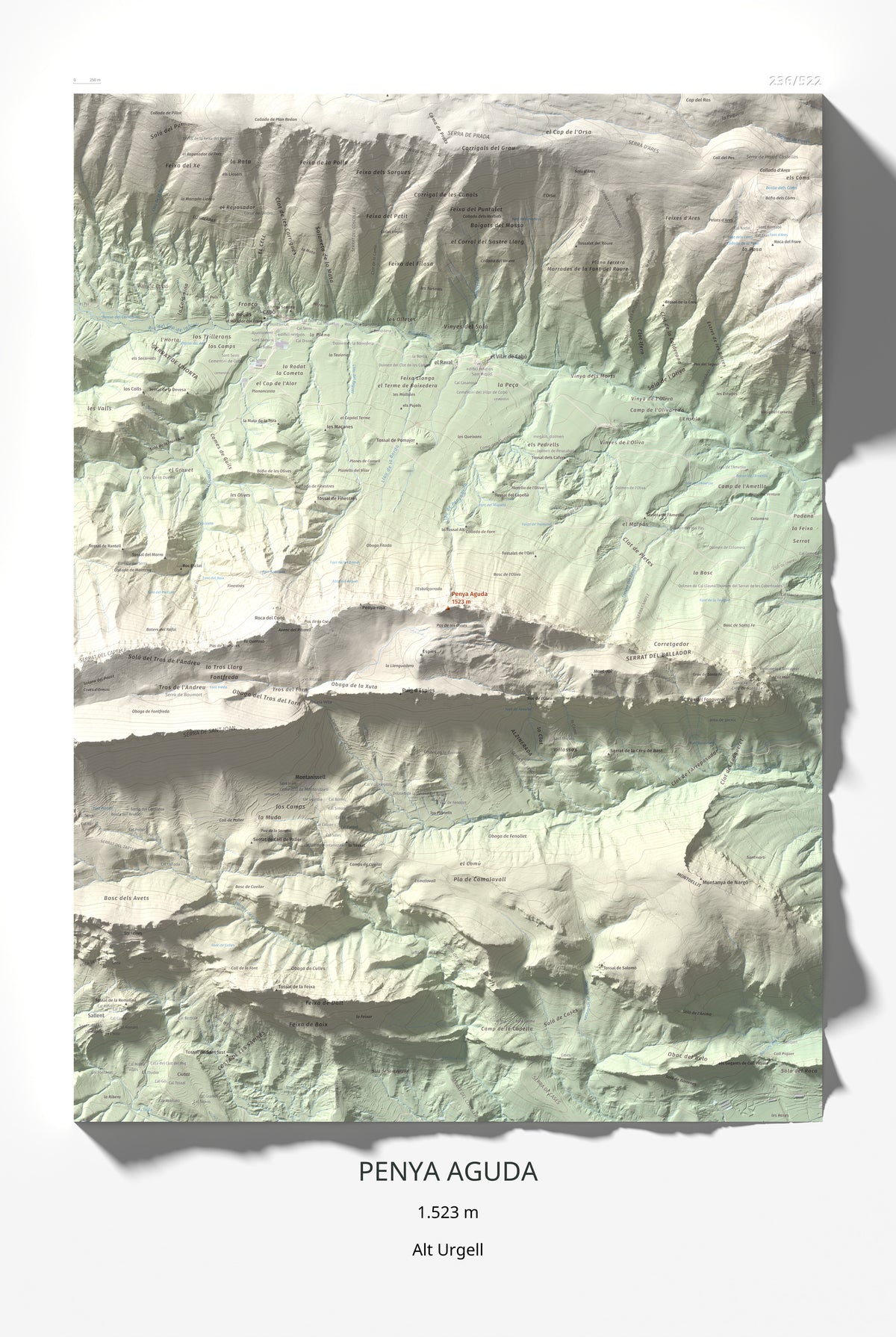 Mapa de relieve de Penya Aguda, 1523 m, Alt Urgell, lámina 100 Cims de Trobart 61 × 91 cm.