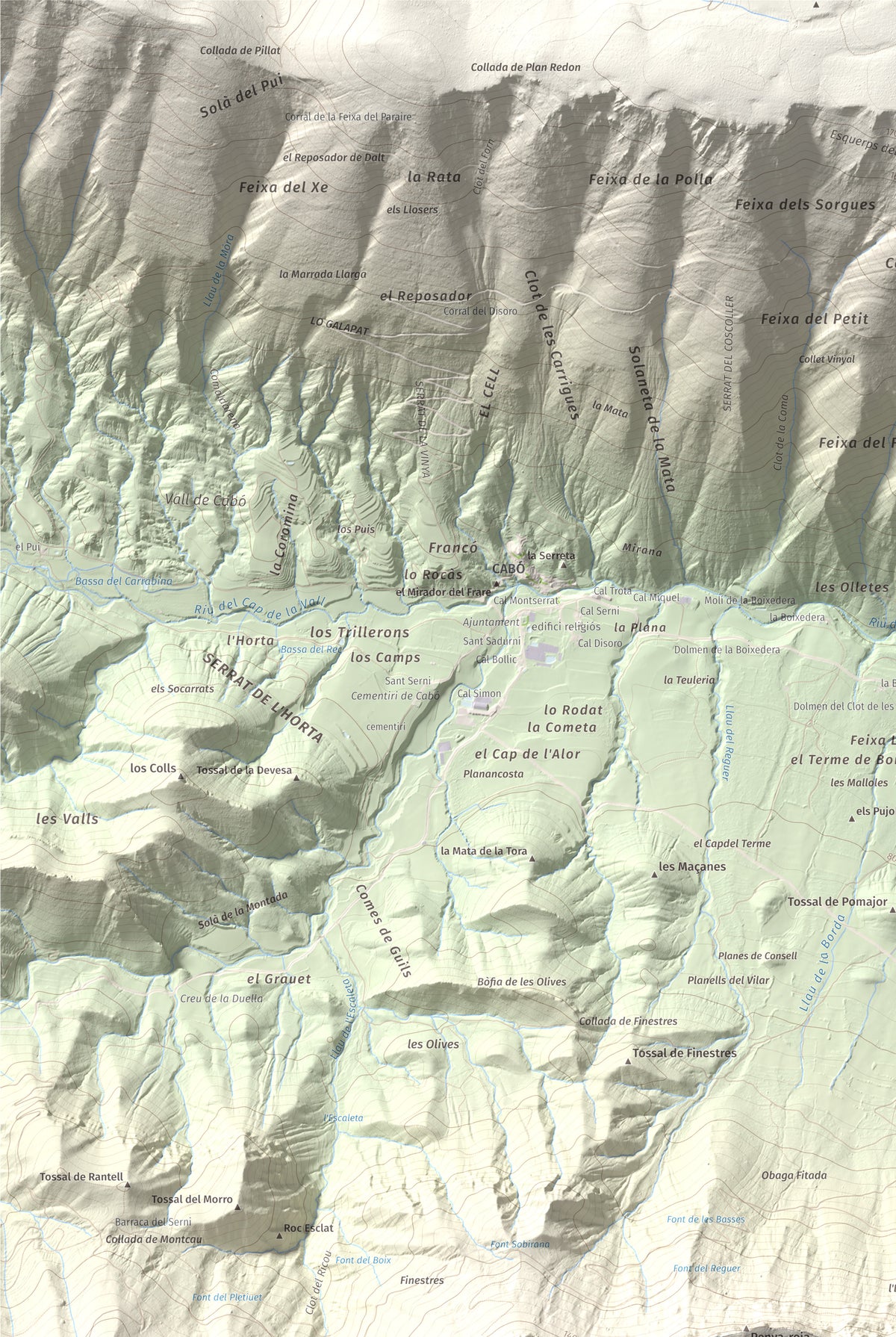 Mapa de relieve de Penya Aguda, 1523 m, Alt Urgell, lámina 100 Cims de Trobart. Detalle de la zona superior izquierda. 61 × 91 cm.