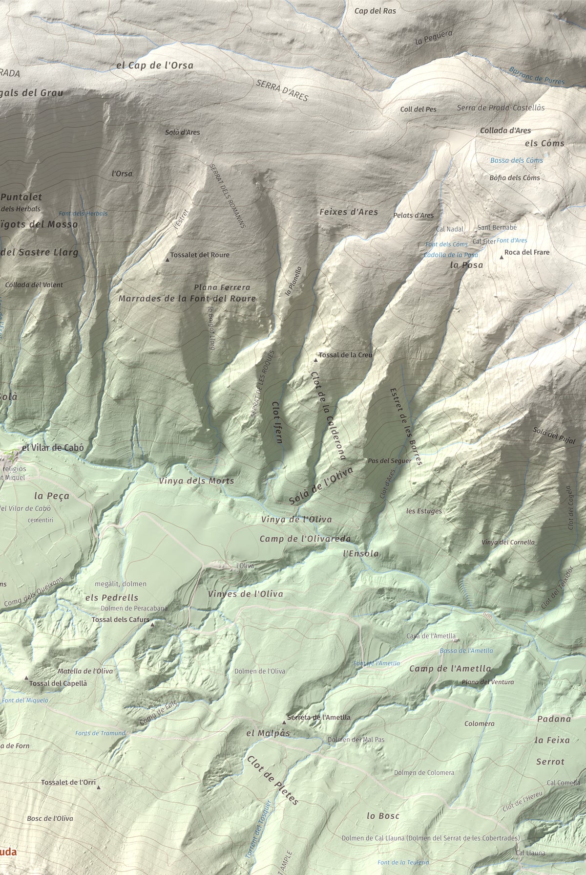 Mapa de relieve de Penya Aguda, 1523 m, Alt Urgell, lámina 100 Cims de Trobart. Detalle de la zona superior derecha. 61 × 91 cm.