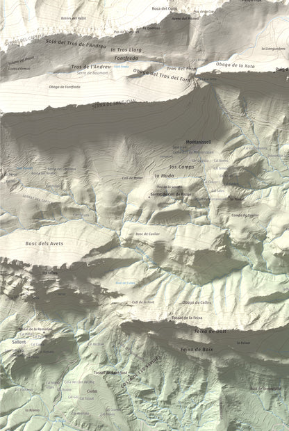 Mapa de relieve de Penya Aguda, 1523 m, Alt Urgell, lámina 100 Cims de Trobart. Detalle de la zona inferior izquierda. 61 × 91 cm.