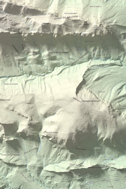 Mapa de relieve de Penya Aguda, 1523 m, Alt Urgell, lámina 100 Cims de Trobart. Detalle de la zona inferior derecha. 61 × 91 cm.