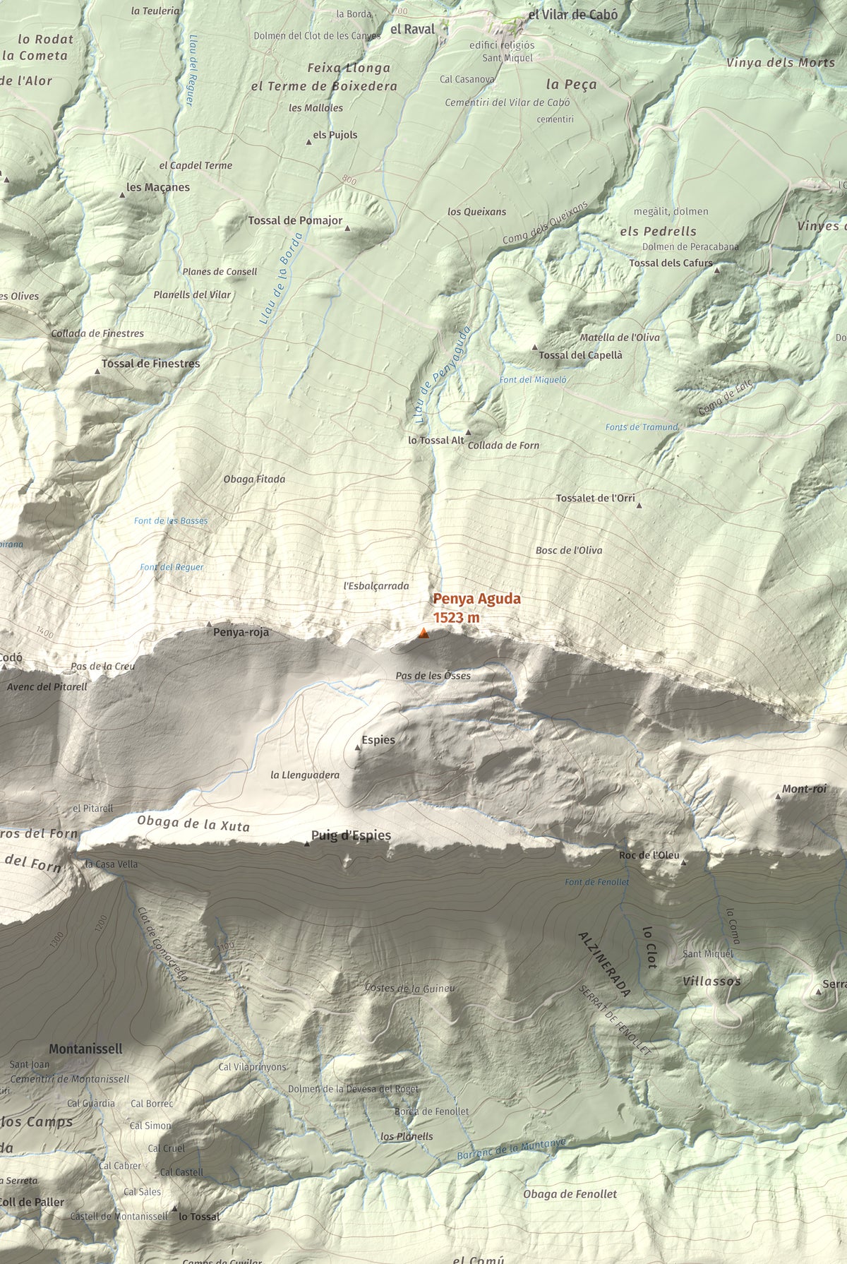 Mapa de relieve de Penya Aguda, 1523 m, Alt Urgell, lámina 100 Cims de Trobart. Detalle de la zona central. 61 × 91 cm.