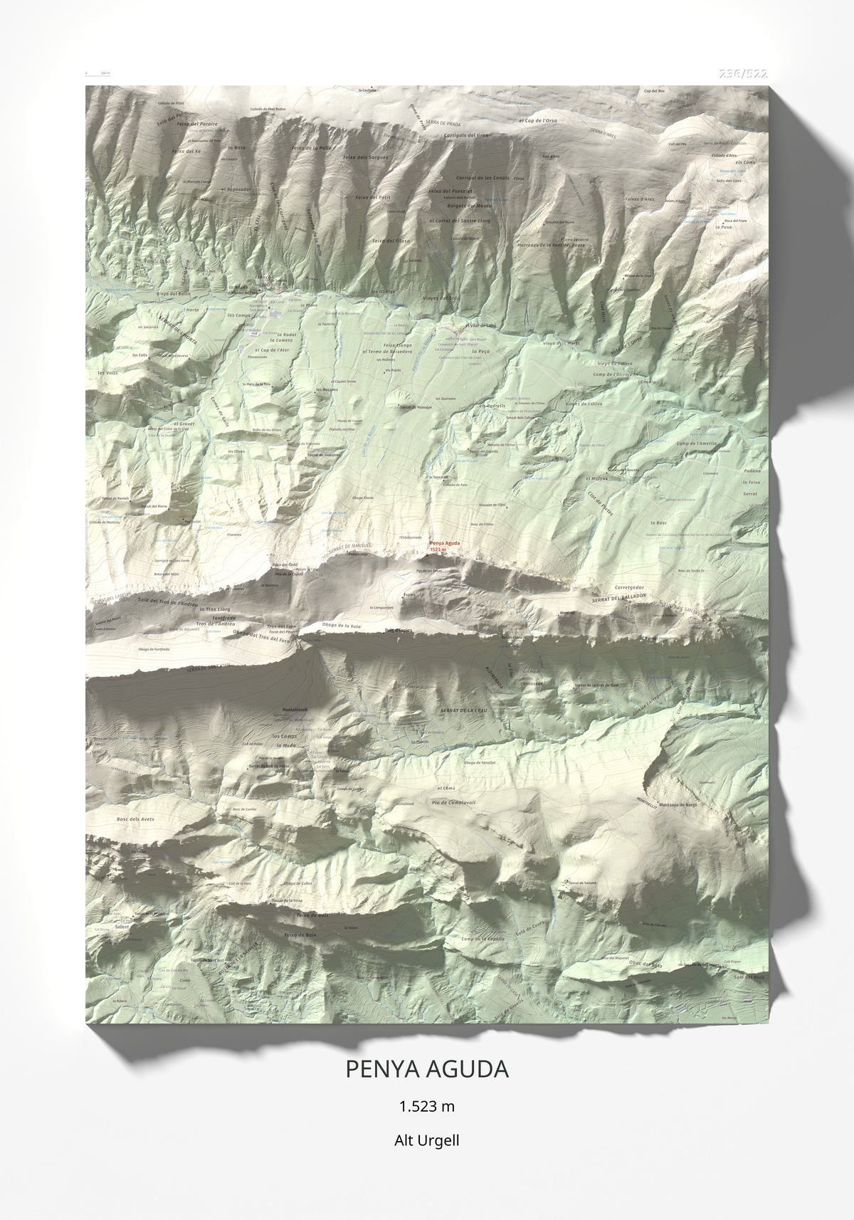 Mapa de relieve de Penya Aguda, 1523 m, Alt Urgell, lámina 100 Cims de Trobart 70 × 100 cm.