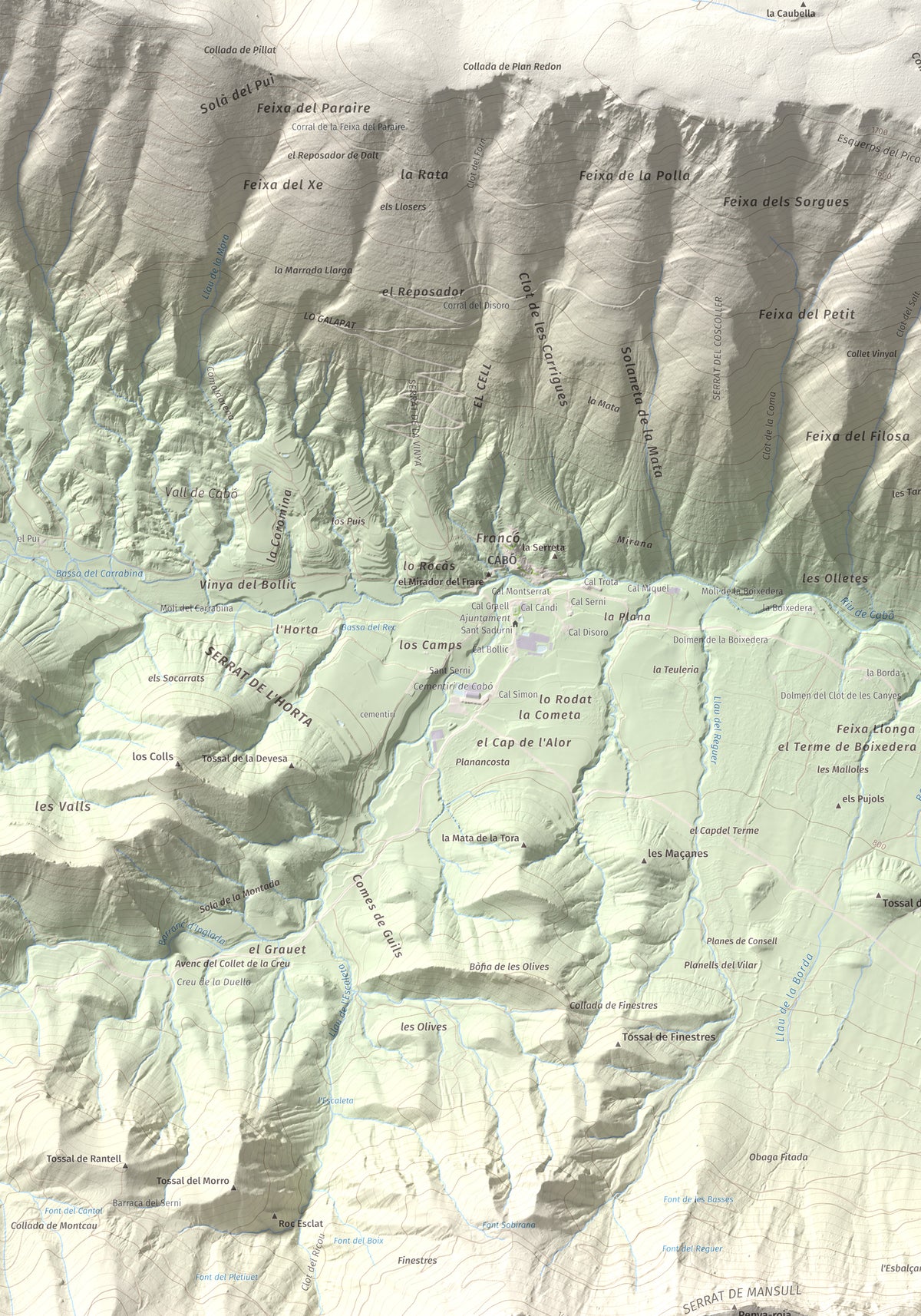 Mapa de relieve de Penya Aguda, 1523 m, Alt Urgell, lámina 100 Cims de Trobart. Detalle de la zona superior izquierda. 70 × 100 cm.