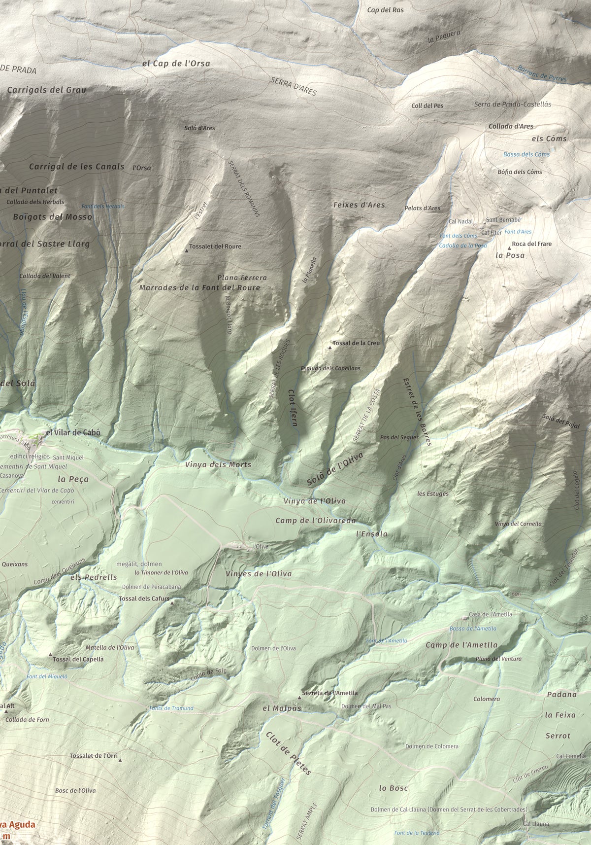 Mapa de relieve de Penya Aguda, 1523 m, Alt Urgell, lámina 100 Cims de Trobart. Detalle de la zona superior derecha. 70 × 100 cm.