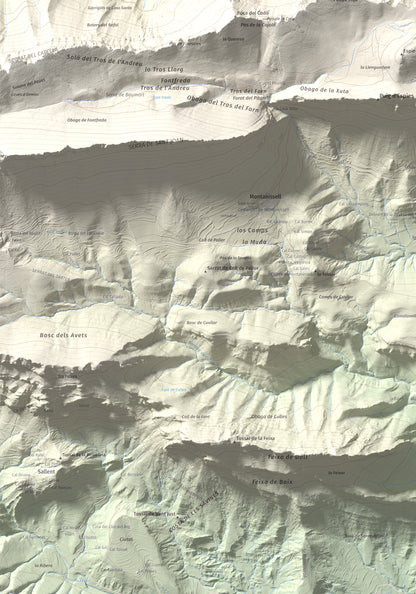 Mapa de relieve de Penya Aguda, 1523 m, Alt Urgell, lámina 100 Cims de Trobart. Detalle de la zona inferior izquierda. 70 × 100 cm.