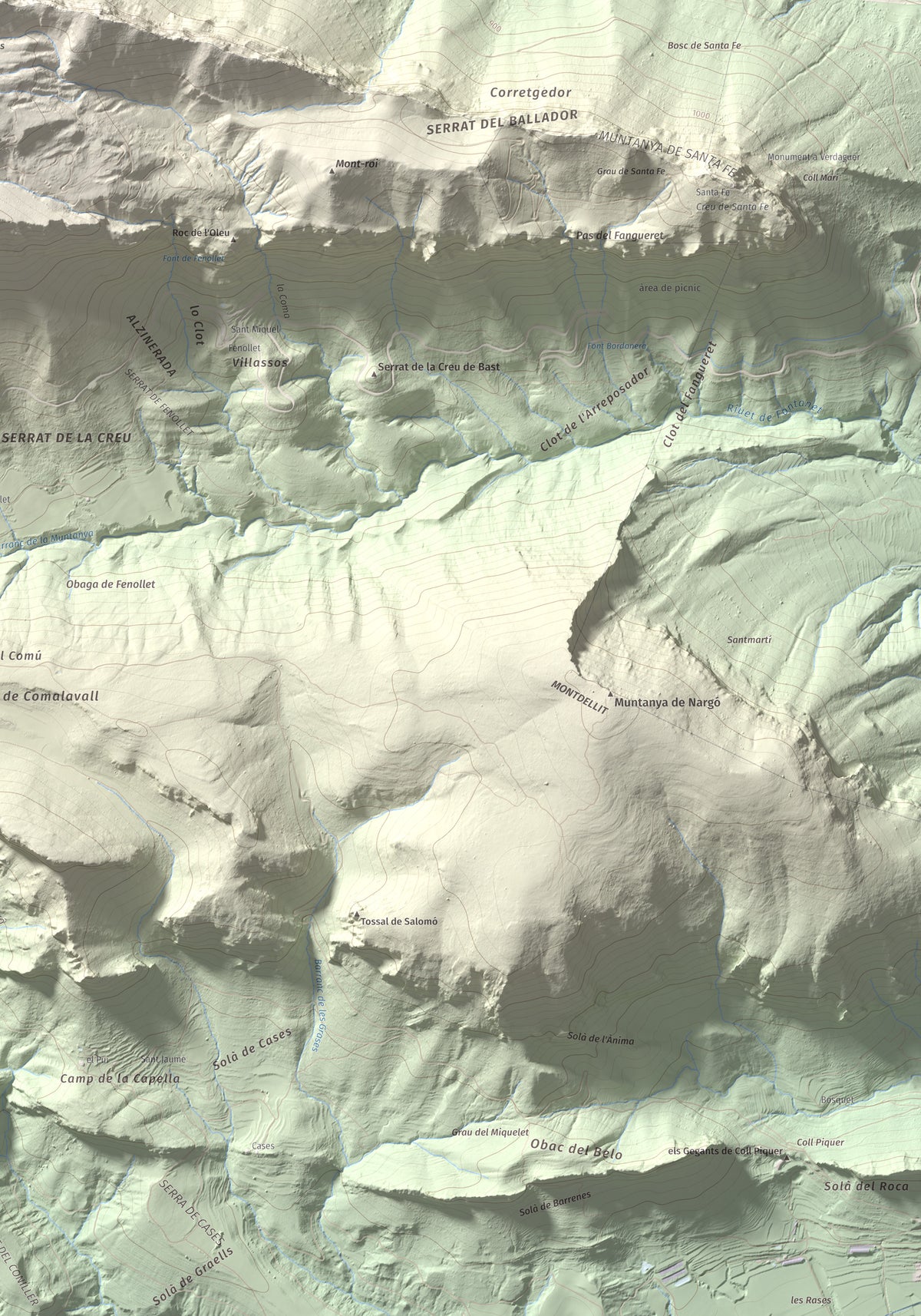 Mapa de relieve de Penya Aguda, 1523 m, Alt Urgell, lámina 100 Cims de Trobart. Detalle de la zona inferior derecha. 70 × 100 cm.