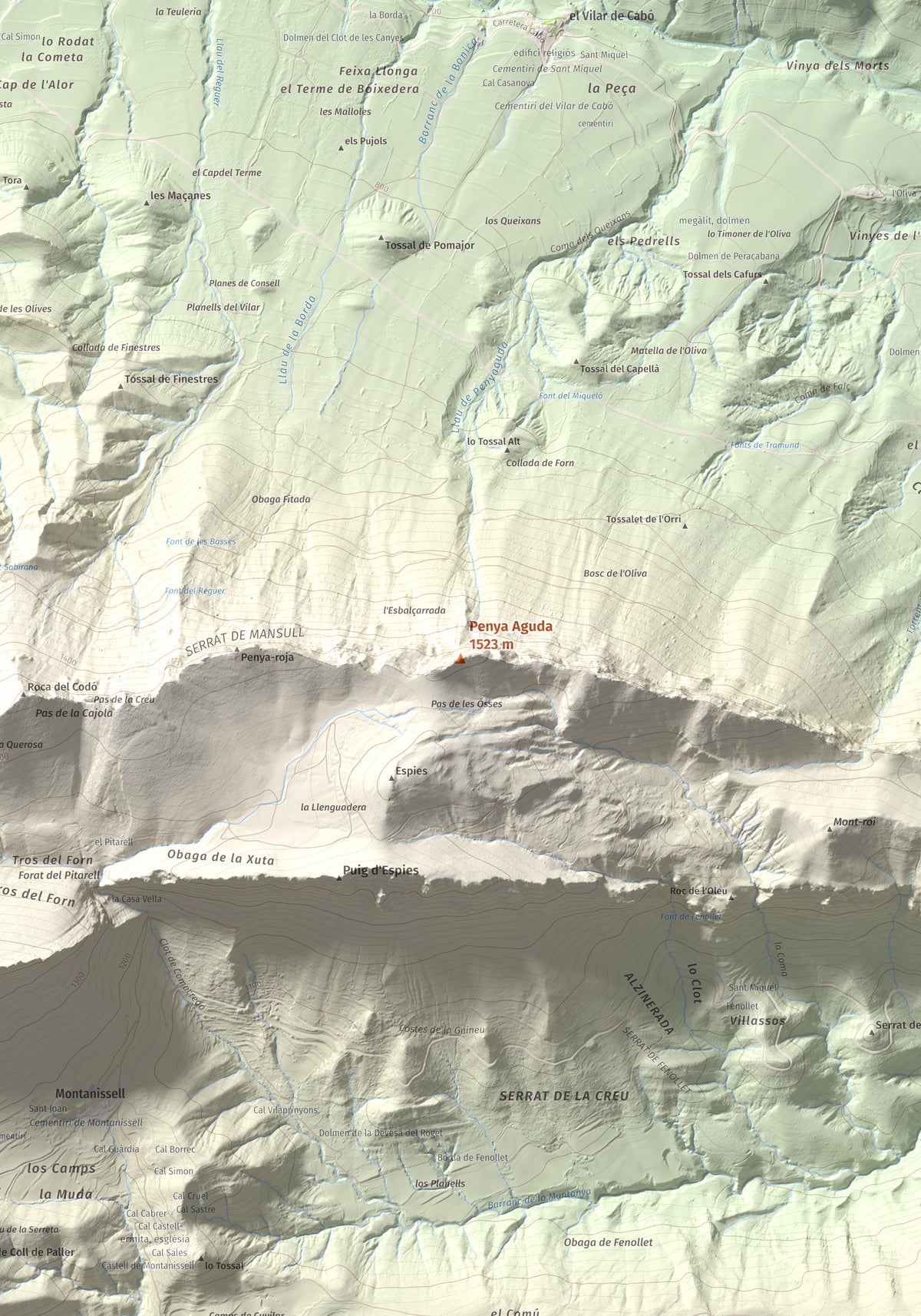 Mapa de relieve de Penya Aguda, 1523 m, Alt Urgell, lámina 100 Cims de Trobart. Detalle de la zona central. 70 × 100 cm.