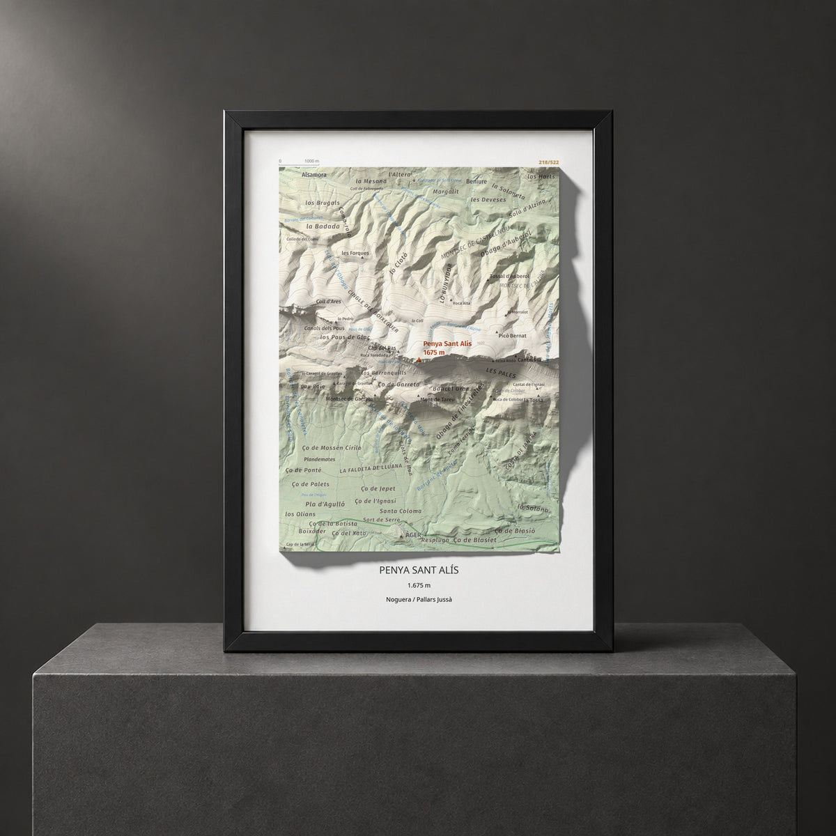 Mapa de relieve de Penya Sant Alís, 1675 m, Noguera · Pallars Jussà, lámina 100 Cims de Trobart. Presentación enmarcada. 21 × 30 cm.