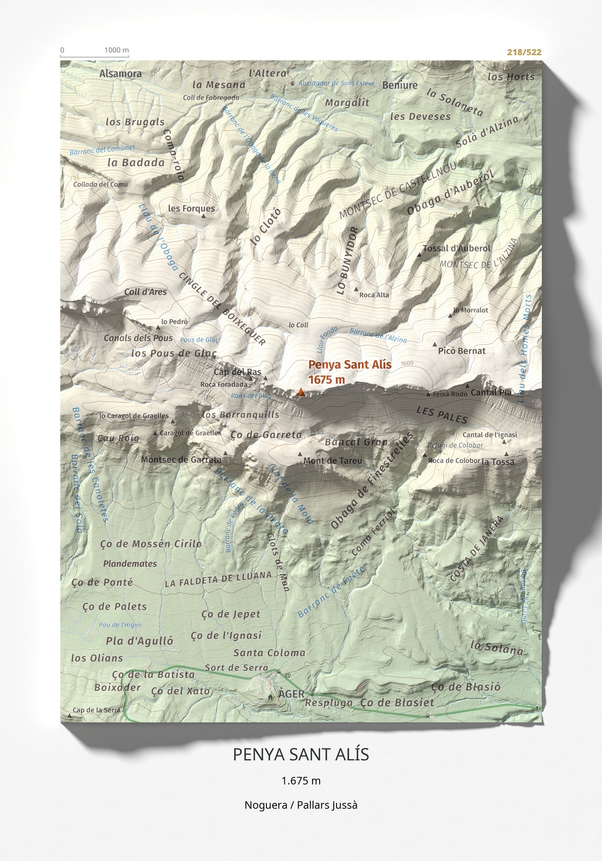 Mapa de relieve de Penya Sant Alís, 1675 m, Noguera · Pallars Jussà, lámina 100 Cims de Trobart 21 × 30 cm.