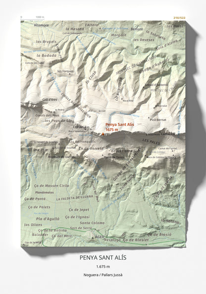 Mapa de relieve de Penya Sant Alís, 1675 m, Noguera · Pallars Jussà, lámina 100 Cims de Trobart 21 × 30 cm.