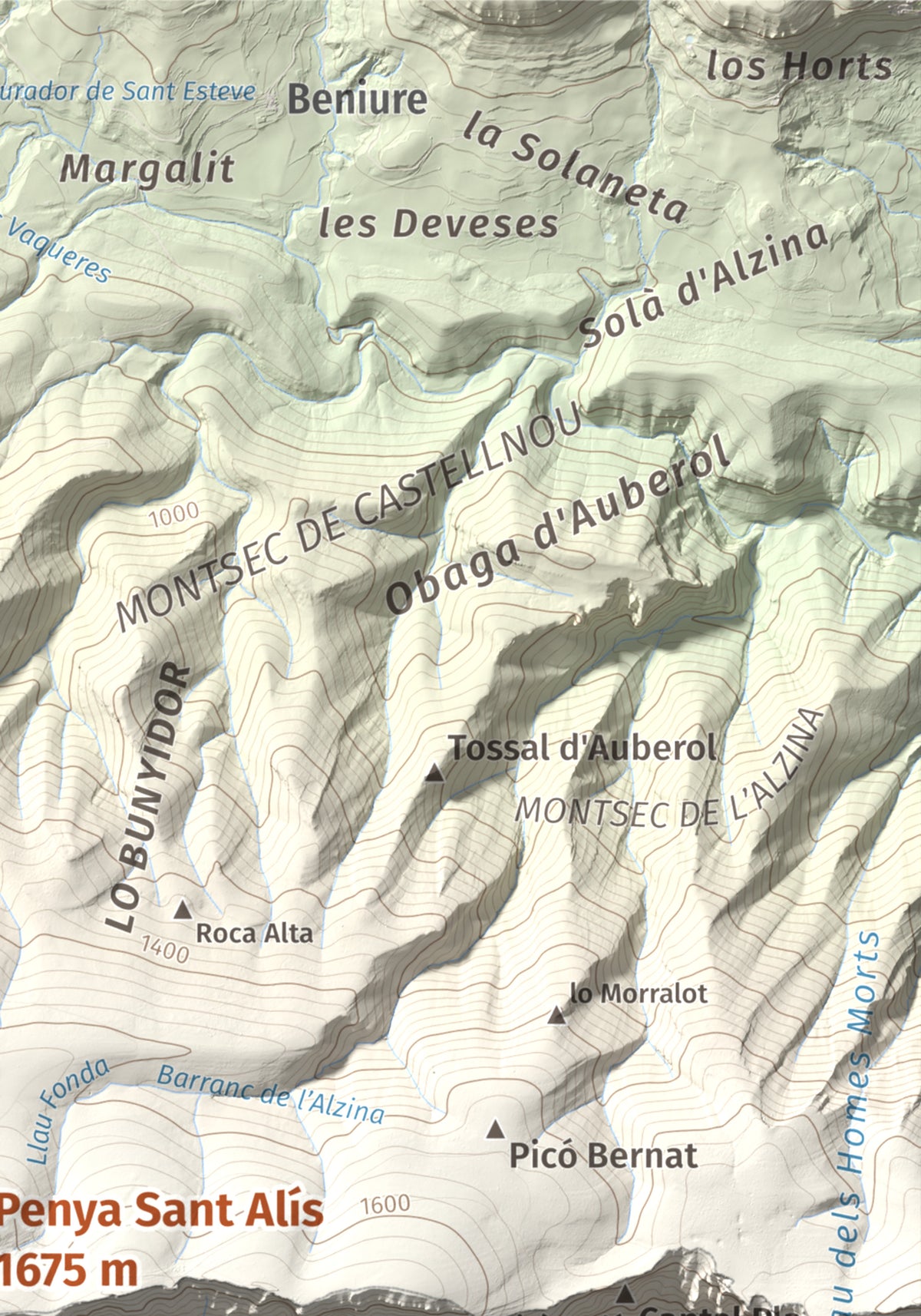 Mapa de relieve de Penya Sant Alís, 1675 m, Noguera · Pallars Jussà, lámina 100 Cims de Trobart. Detalle de la zona superior derecha. 21 × 30 cm.