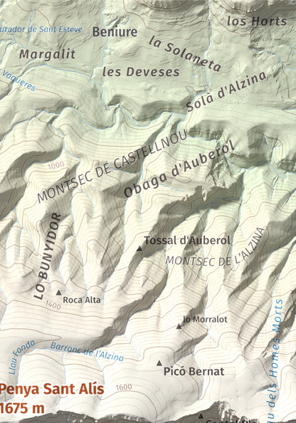 Mapa de relieve de Penya Sant Alís, 1675 m, Noguera · Pallars Jussà, lámina 100 Cims de Trobart. Detalle de la zona superior derecha. 21 × 30 cm.