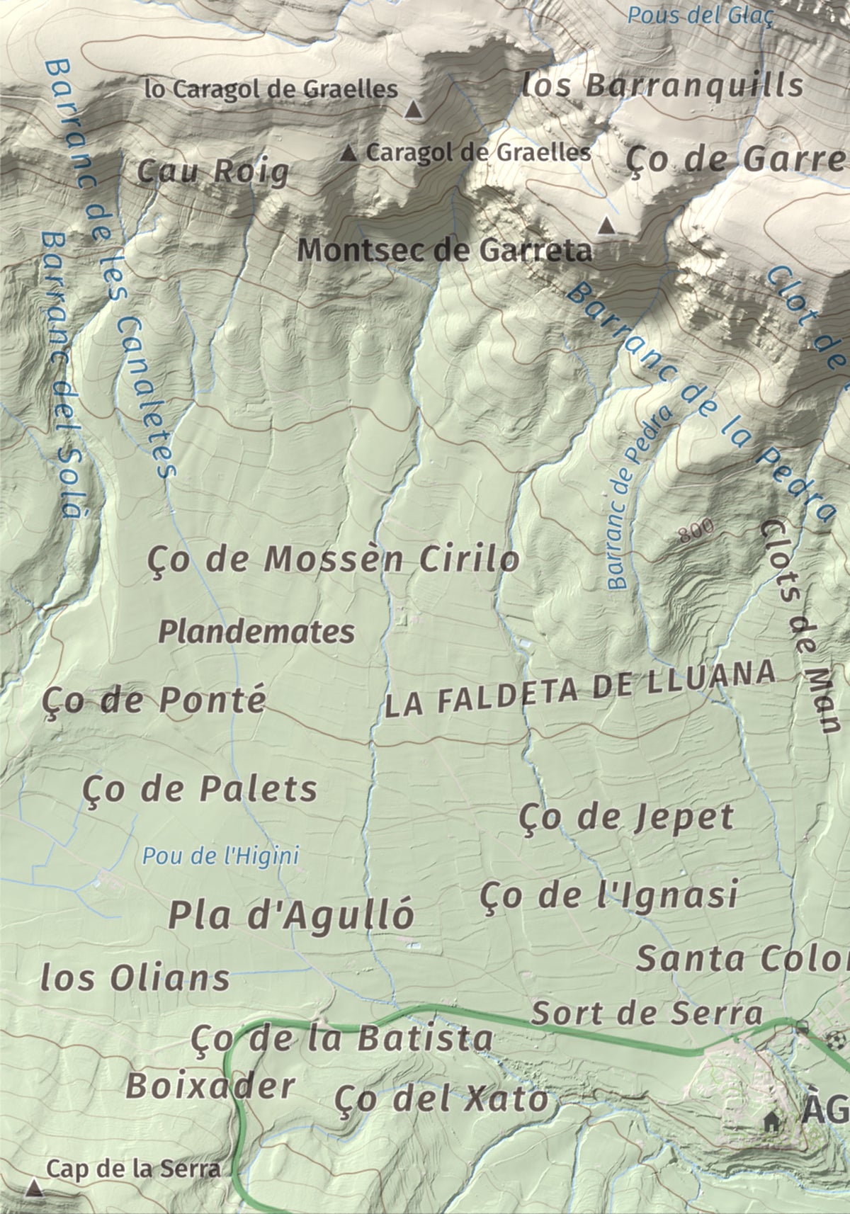 Mapa de relieve de Penya Sant Alís, 1675 m, Noguera · Pallars Jussà, lámina 100 Cims de Trobart. Detalle de la zona inferior izquierda. 21 × 30 cm.