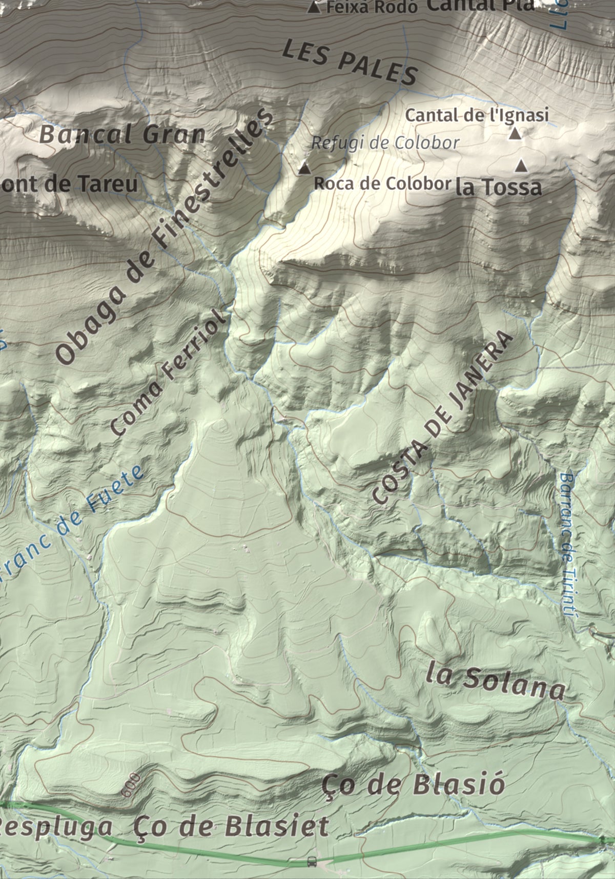 Mapa de relieve de Penya Sant Alís, 1675 m, Noguera · Pallars Jussà, lámina 100 Cims de Trobart. Detalle de la zona inferior derecha. 21 × 30 cm.