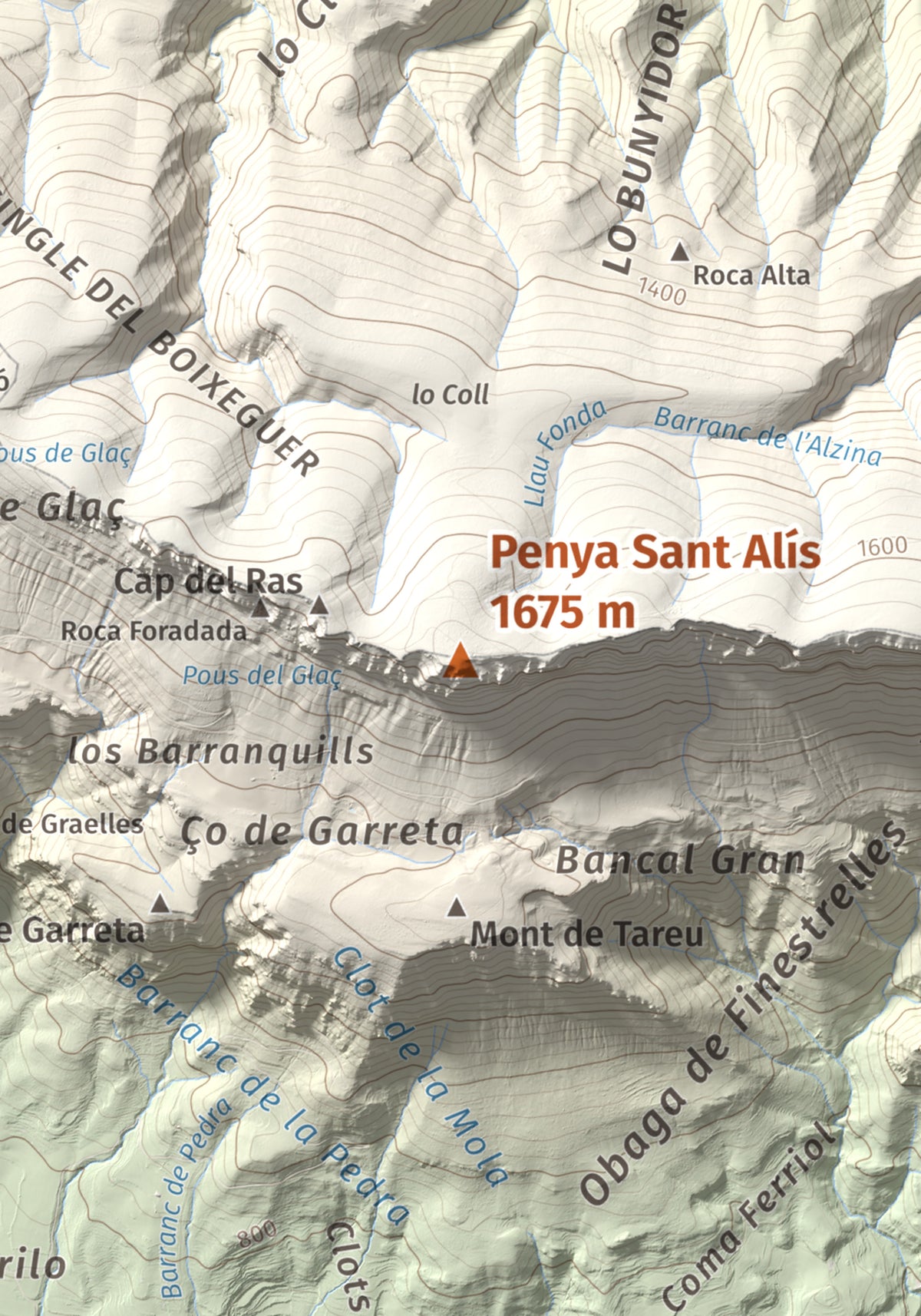 Mapa de relieve de Penya Sant Alís, 1675 m, Noguera · Pallars Jussà, lámina 100 Cims de Trobart. Detalle de la zona central. 21 × 30 cm.