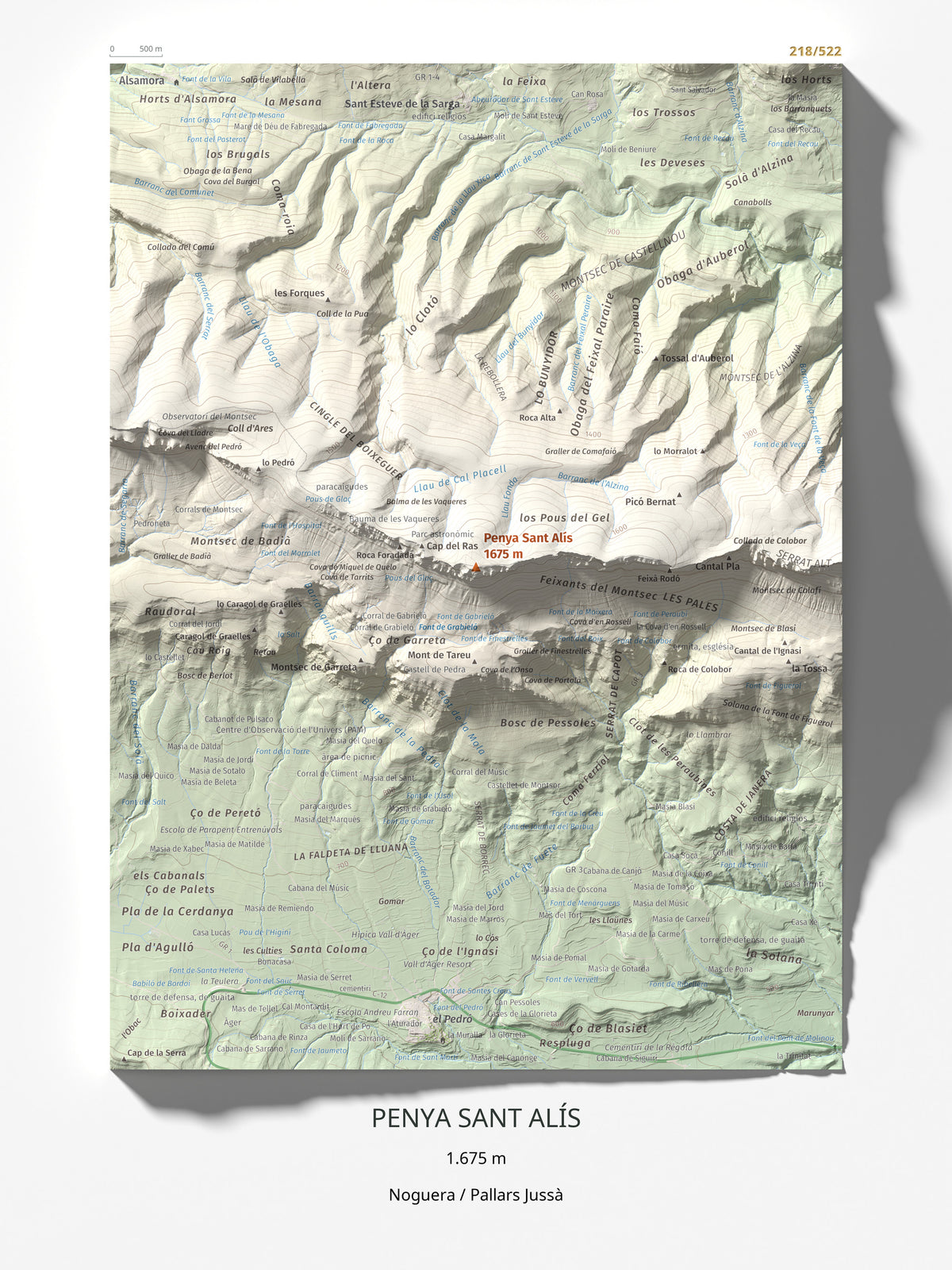 Mapa de relieve de Penya Sant Alís, 1675 m, Noguera · Pallars Jussà, lámina 100 Cims de Trobart 30 × 40 cm.