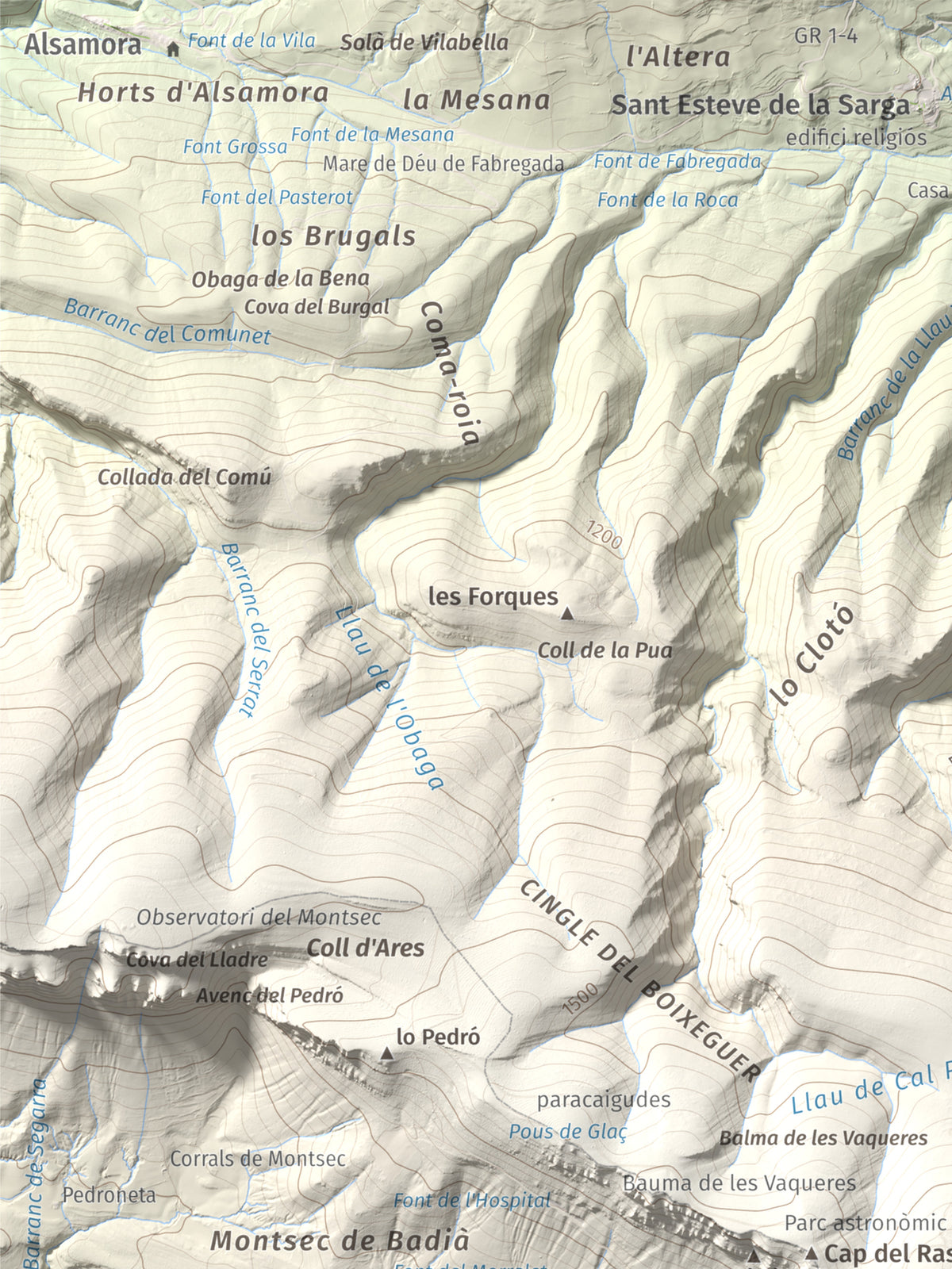 Mapa de relieve de Penya Sant Alís, 1675 m, Noguera · Pallars Jussà, lámina 100 Cims de Trobart. Detalle de la zona superior izquierda. 30 × 40 cm.
