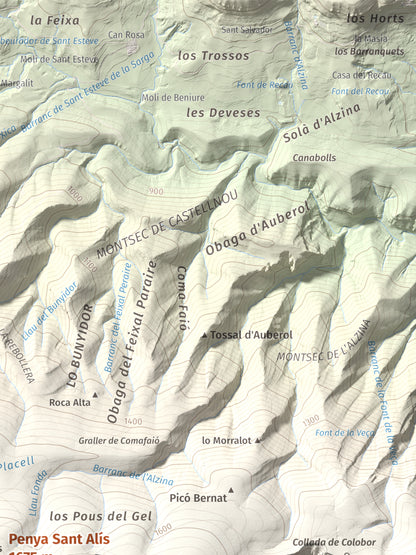 Mapa de relieve de Penya Sant Alís, 1675 m, Noguera · Pallars Jussà, lámina 100 Cims de Trobart. Detalle de la zona superior derecha. 30 × 40 cm.