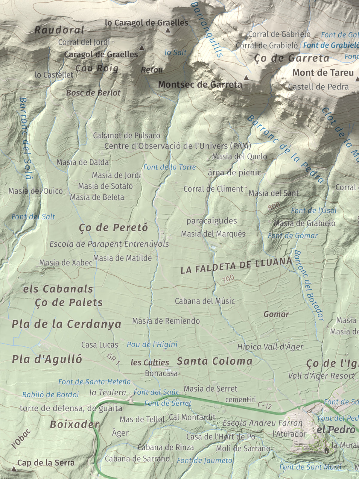 Mapa de relieve de Penya Sant Alís, 1675 m, Noguera · Pallars Jussà, lámina 100 Cims de Trobart. Detalle de la zona inferior izquierda. 30 × 40 cm.