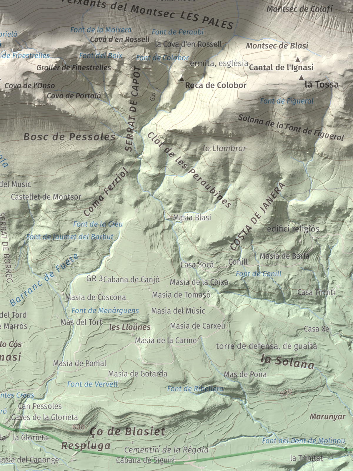 Mapa de relieve de Penya Sant Alís, 1675 m, Noguera · Pallars Jussà, lámina 100 Cims de Trobart. Detalle de la zona inferior derecha. 30 × 40 cm.