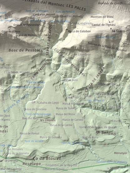 Mapa de relieve de Penya Sant Alís, 1675 m, Noguera · Pallars Jussà, lámina 100 Cims de Trobart. Detalle de la zona inferior derecha. 30 × 40 cm.