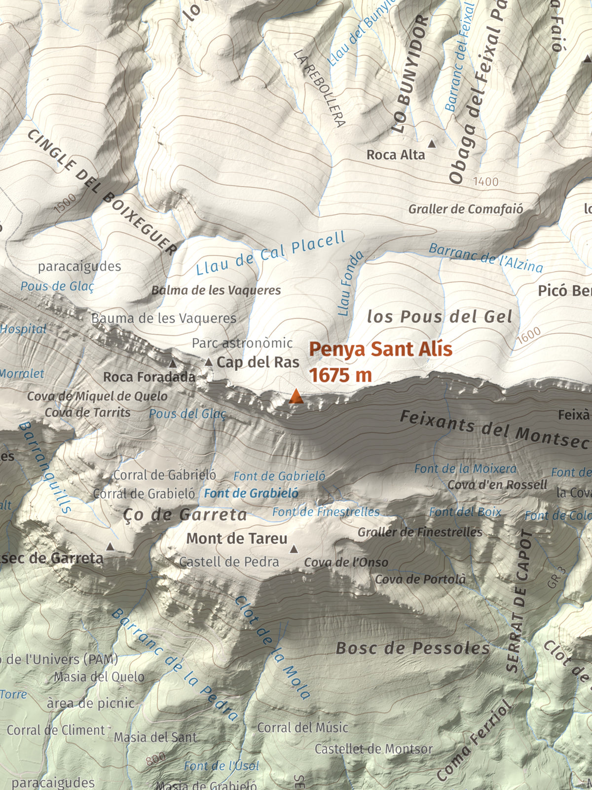 Mapa de relieve de Penya Sant Alís, 1675 m, Noguera · Pallars Jussà, lámina 100 Cims de Trobart. Detalle de la zona central. 30 × 40 cm.